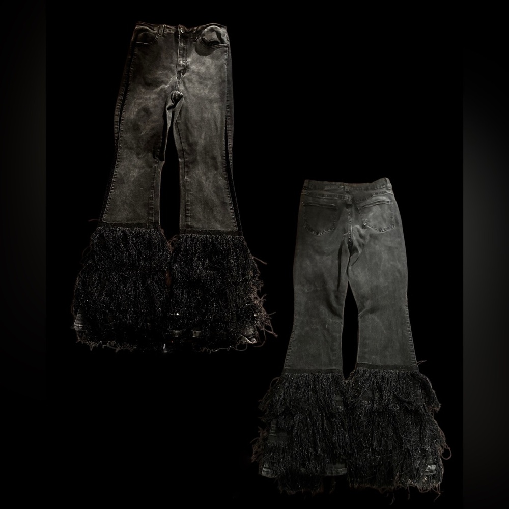 Black Aphrodite AP Blue Distressed Western Rodeo Fringe Flare Jeans